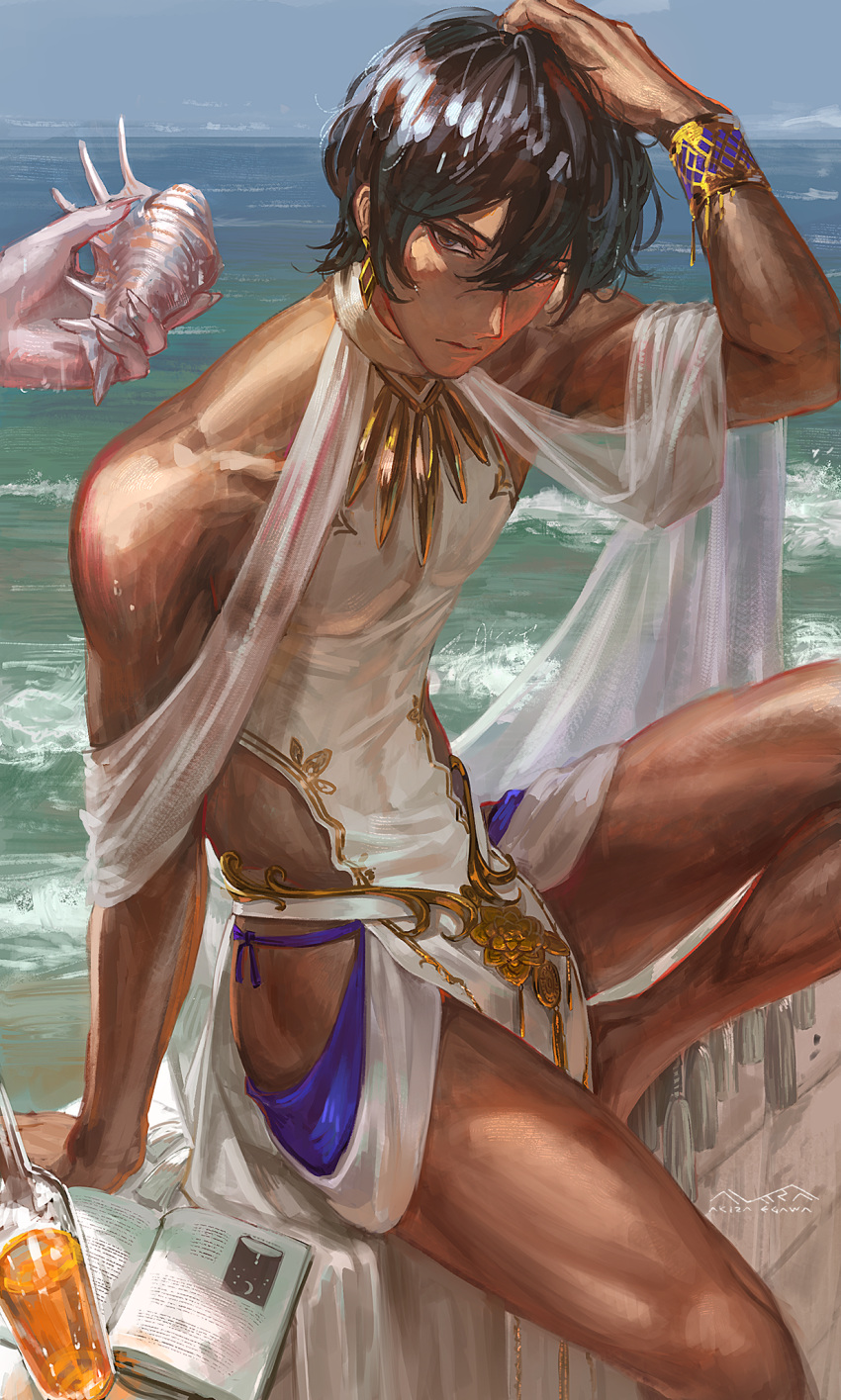 1boy 1other alternate_costume arjuna_(fate/grand_order) bangs black_hair dark_skin dark_skinned_male egawa_akira fate/grand_order fate_(series) hair_between_eyes highres jewelry looking_at_viewer male_focus ocean revealing_clothes seashell shell shirtless sky solo swimsuit thighs