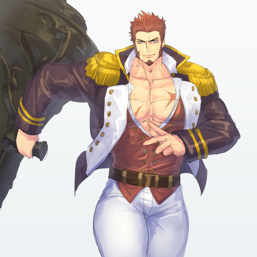 1boy abs bara beard belt blue_eyes brown_hair cannon chest collar epaulettes facial_hair fate/grand_order fate_(series) fringe_trim goatee highres huge_weapon jacket long_sleeves looking_at_viewer male_focus mashiro_(sora1031) military military_uniform muscle napoleon_bonaparte_(fate/grand_order) open_clothes open_jacket open_shirt pants pectorals scar sideburns smile solo thick_thighs thighs tight unbuttoned uniform weapon white_background white_pants