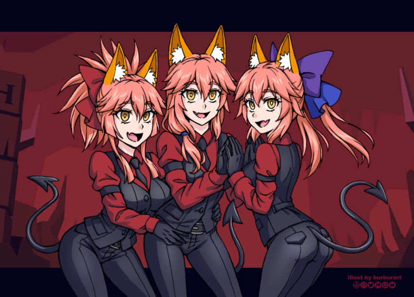 3girls :d animal_ear_fluff animal_ears bangs black_gloves black_neckwear black_pants blue_ribbon burbur cerberus_(helltaker) cerberus_(helltaker)_(cosplay) commentary cosplay demon_tail english_commentary eyebrows_visible_through_hair fang fate/grand_order fate_(series) fox_ears gloves hair_between_eyes hair_ribbon hands_together helltaker letterboxed long_hair long_sleeves multiple_girls necktie open_mouth pants pink_hair ponytail purple_ribbon red_ribbon red_shirt ribbon shirt skin_fang smile tail tamamo_(fate)_(all) tamamo_no_mae_(fate) yellow_eyes