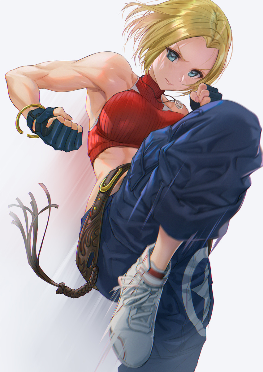 1girl bangs bare_shoulders blonde_hair blue_eyes blue_mary blue_pants bracelet breasts clenched_hands commentary_request fatal_fury fingerless_gloves fingernails gloves highres jewelry medium_breasts midriff pants red_tank_top shoes short_hair simple_background sleeveless sneakers solo tank_top the_king_of_fighters