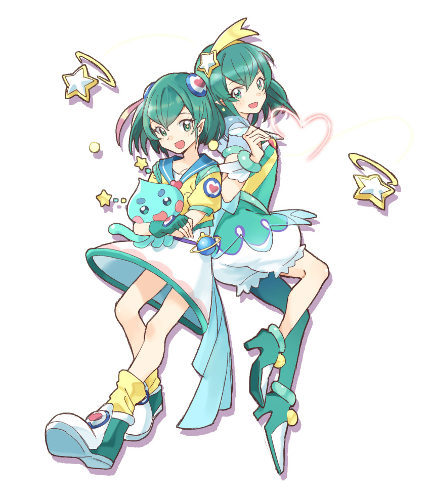2girls :d antennae aqua_eyes aqua_hair back-to-back boots commentary cure_milky drawing dress dual_persona earrings hagoromo_lala hair_ornament hairband heart heart_hair_ornament heart_print high_heels highres jewelry looking_at_viewer loose_socks magical_girl multicolored_hair multiple_girls open_mouth pink_hair pointy_ears precure prunce_(precure) sailor_collar short_hair simple_background single_leg_pantyhose smile star-shaped_pupils star_(symbol) star_color_pen star_earrings star_hair_ornament star_in_eye star_twinkle_precure streaked_hair symbol-shaped_pupils symbol_in_eye tugo white_background white_hair
