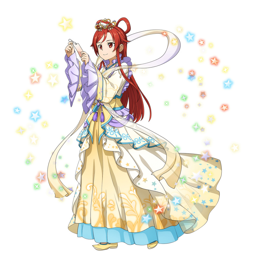 1girl bangs closed_mouth cosplay dress full_body highres kaguya_hime kaguya_hime_(cosplay) long_dress long_hair long_sleeves official_art red_eyes redhead sash shiny shiny_hair smile solo standing sword_art_online sword_art_online:_memory_defrag tanabata tied_hair tiese_schtrinen transparent_background very_long_hair wide_sleeves yellow_dress