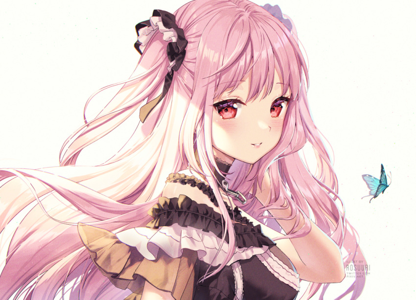 1girl alternate_breast_size artist_name black_dress blush breasts bug butterfly chain closed_mouth dress eyelashes frilled_dress frills hair_ribbon hand_in_hair hololive insect large_breasts lips long_hair looking_at_viewer parted_lips pink_hair red_eyes ribbon rosuuri simple_background small_breasts smile solo two_side_up upper_body uruha_rushia virtual_youtuber watermark web_address white_background