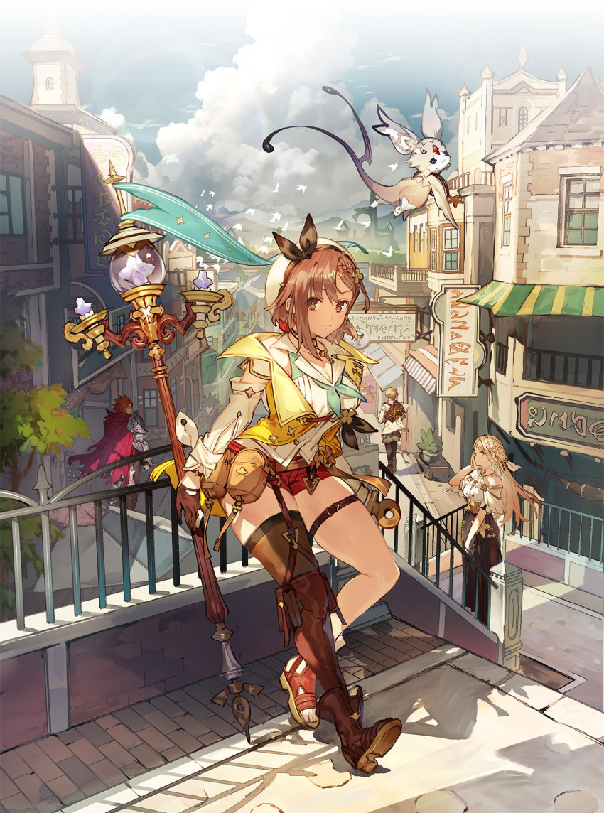 2boys 2girls asymmetrical_legwear atelier_(series) atelier_ryza atelier_ryza_2 bird brown_eyes brown_hair building clouds creature day hair_ornament hat highres holding holding_staff jewelry key_visual klaudia_valentz lent_marslink long_sleeves looking_at_viewer multiple_boys multiple_girls neckerchief necklace official_art outdoors railing red_shorts reisalin_stout short_shorts shorts single_thighhigh skindentation solo_focus staff tao_mongarten thigh-highs thigh_strap toridamono town