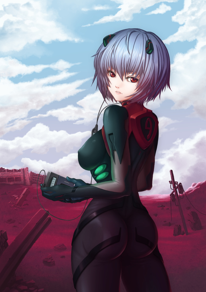 1girl absurdres ass ayanami_rei bangs black_bodysuit blue_hair bodysuit breasts cassette_player covered_nipples cowboy_shot day from_behind hair_between_eyes highres holding looking_at_viewer looking_back medium_breasts mini_mark neon_genesis_evangelion outdoors parted_lips plugsuit red_eyes shiny shiny_hair short_hair skin_tight solo standing