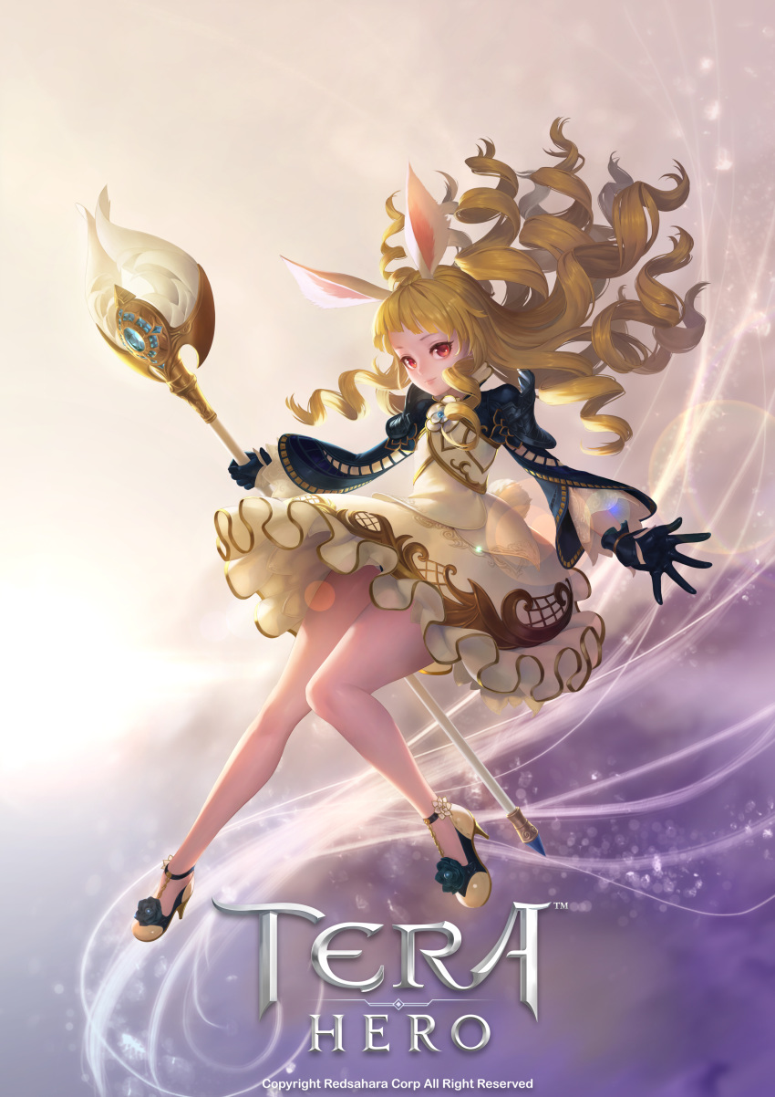 1girl absurdres animal_ears black_gloves blonde_hair botro bunny_tail copyright_name curly_hair dress elin full_body gloves high_heels highres knees_together_feet_apart legs long_hair rabbit_ears red_eyes shoes smile solo staff tail tera_online thighs weapon white_dress wind wind_lift