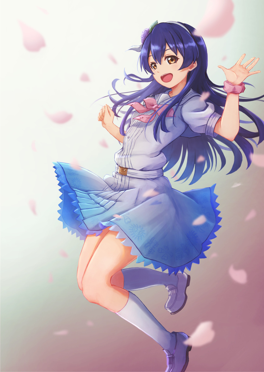 1girl bangs blue_hair blush commentary_request dress floating full_body hair_between_eyes highres long_hair looking_at_viewer love_live! love_live!_school_idol_project macken open_mouth petals sailor_collar short_sleeves simple_background skirt solo sonoda_umi white_legwear yellow_eyes