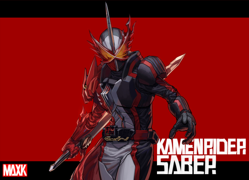 1boy absurdres armor character_name chunk-san english_text highres holding holding_weapon horns kamen_rider kamen_rider_saber kamen_rider_saber_(series) male_focus red_background reverse_grip single_horn solo sword weapon