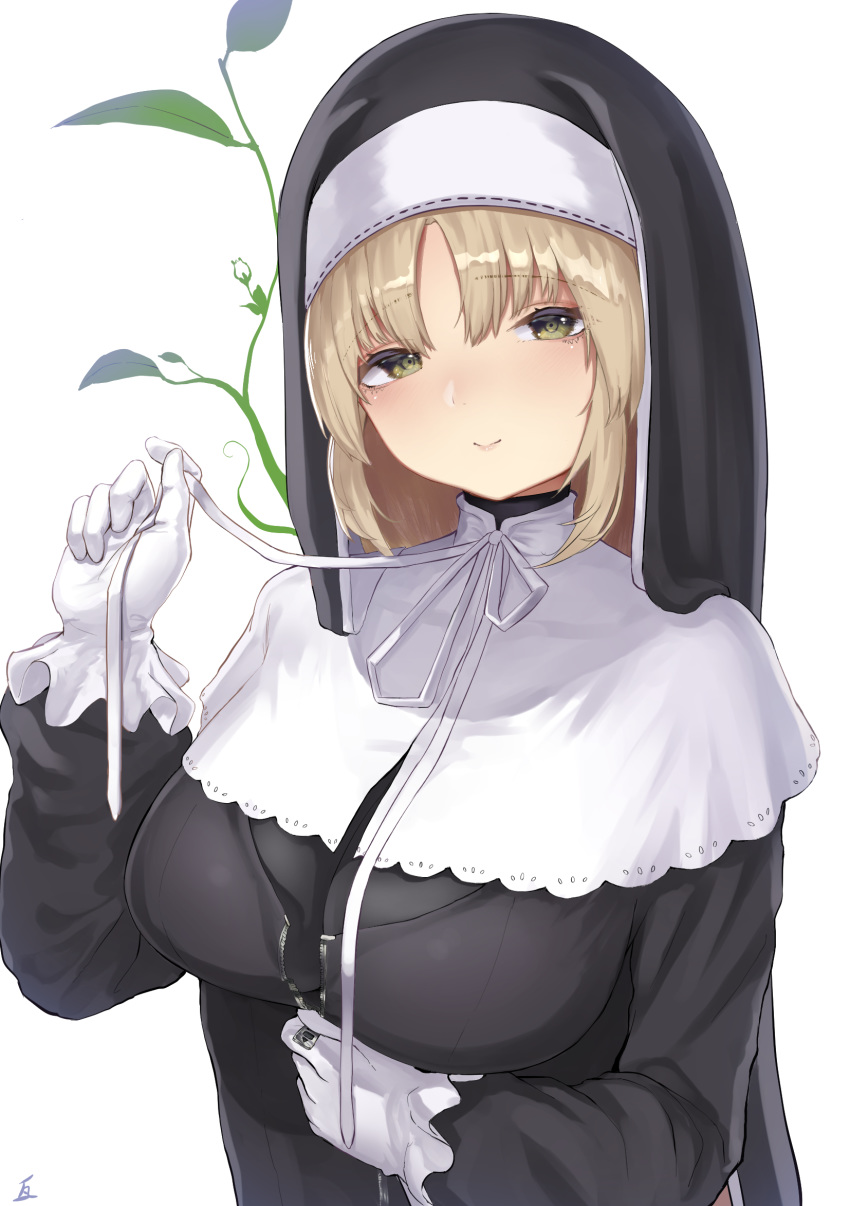 1girl bangs black_dress blush breasts brown_eyes closed_mouth dress eyebrows_visible_through_hair gloves habit highres kawaraya_koh light_brown_hair long_hair long_sleeves looking_at_viewer nijisanji nun ribbon sister_cleaire smile solo virtual_youtuber white_gloves