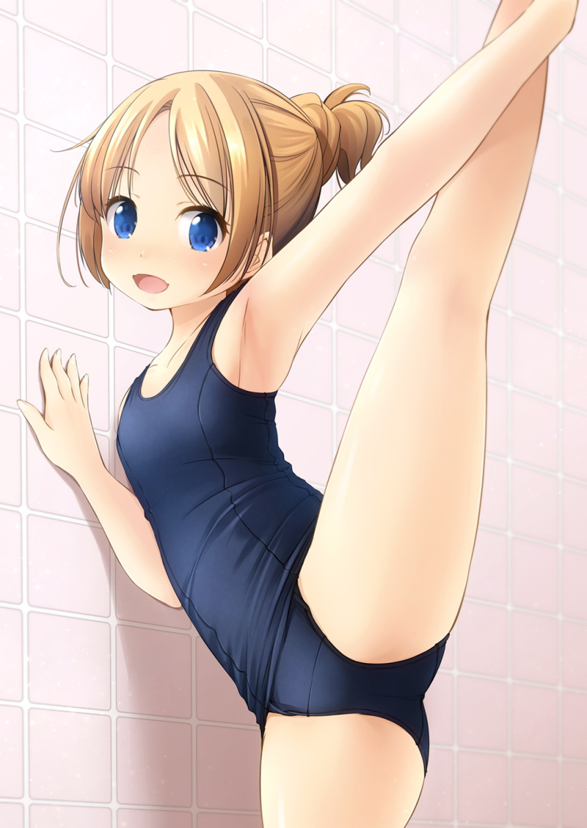 1girl :d arm_up armpits bangs bare_arms bare_legs bare_shoulders blonde_hair blue_eyes blue_swimsuit blush breasts collarbone commentary_request eyebrows_visible_through_hair feet_out_of_frame hair_bun highres leg_up looking_at_viewer old_school_swimsuit one-piece_swimsuit open_mouth original parted_bangs school_swimsuit shibacha small_breasts smile solo standing standing_on_one_leg swimsuit tile_wall tiles