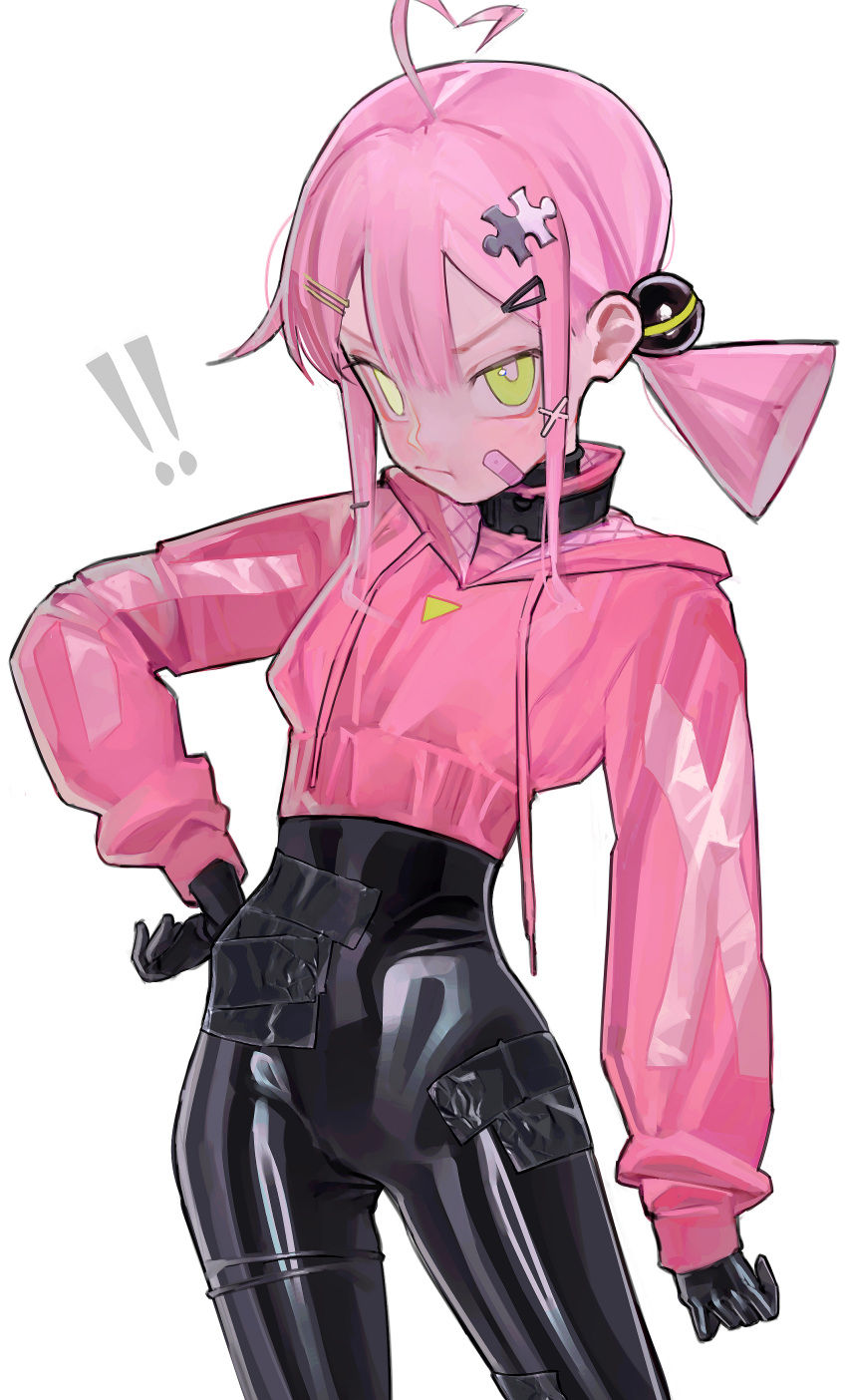 ! !! 1girl absurdres ahoge bandaid bandaid_on_face black_bodysuit bodysuit bodysuit_under_clothes crop_top green_eyes hand_on_hip heart heart_ahoge highres latex latex_bodysuit looking_at_viewer low_twintails original pink_hair pouty_lips puzzle_piece_hair_ornament saaal653 shiny shiny_clothes skin_tight solo tape twintails white_background xenon_(saaal653)