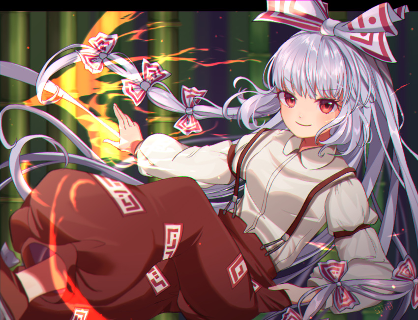 1girl baggy_pants bamboo bamboo_forest bangs blush bow buttons closed_mouth collared_shirt determined dress_shirt eyebrows_visible_through_hair eyelashes fire forest fujiwara_no_mokou full_body goma_(u_p) hair_bow hand_in_pocket hime_cut long_hair long_sleeves looking_at_viewer nature ofuda ofuda_on_clothes pants red_eyes red_pants shirt sidelocks silver_hair smile solo suspenders touhou very_long_hair white_bow white_shirt