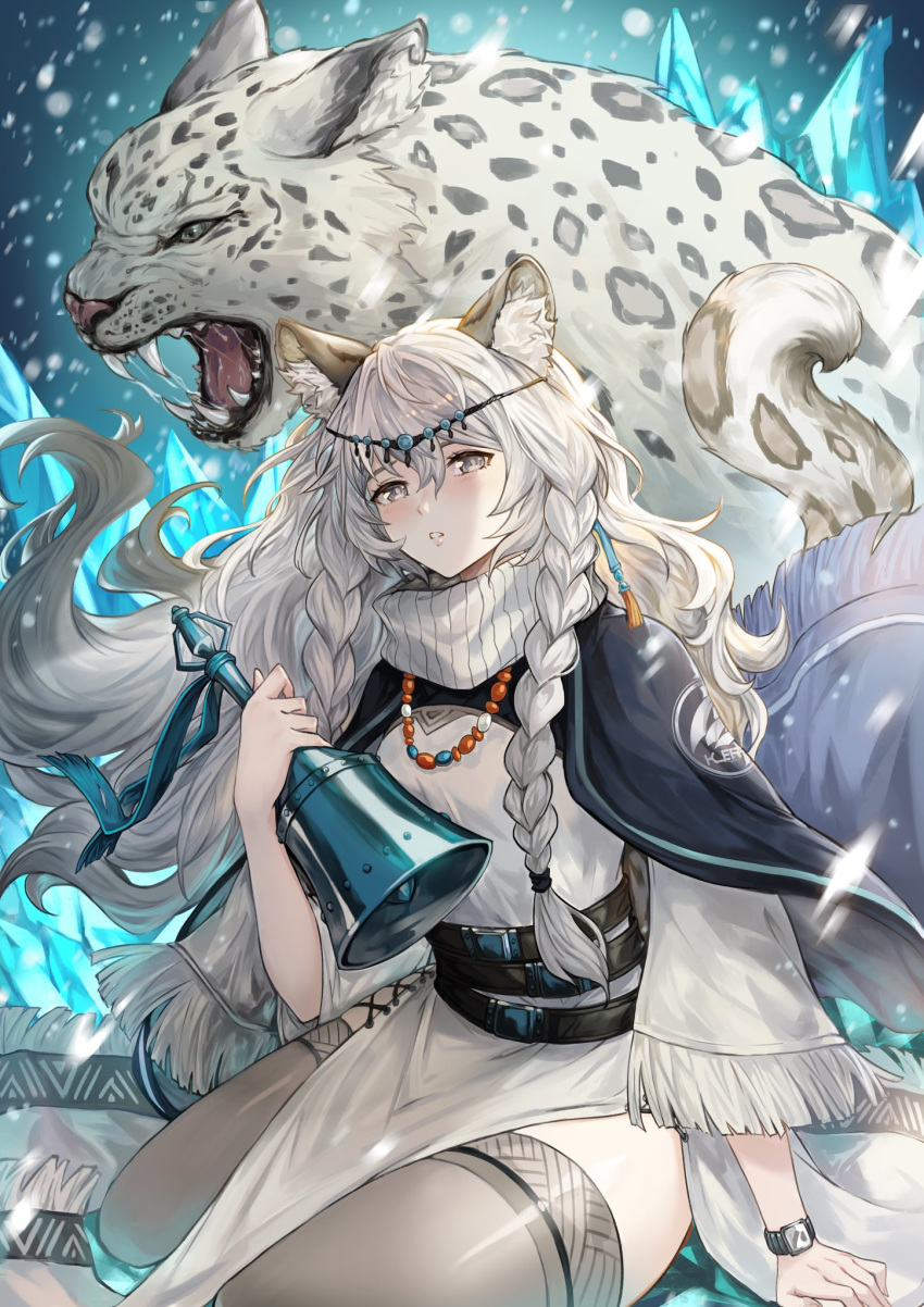 1girl animal_ear_fluff animal_ears arknights bead_necklace beads bell black_capelet blush braid breasts capelet circlet commentary dress english_commentary eyelashes fangs grey_eyes grey_legwear hair_between_eyes highres holding holding_bell ice jewelry leopard_ears leopard_tail lips long_hair looking_at_viewer medium_breasts necklace open_mouth parted_lips pelvic_curtain pramanix_(arknights) side_braids silver_hair single_earring sitting snow snow_leopard snowing solo spotted_fur tail tassel_earrings thigh-highs thighs twin_braids usatorii watch watch white_dress
