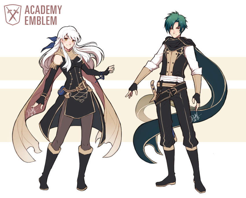 1boy 1girl adapted_costume belt black_gloves black_legwear boots bracelet dakiarts dress elbow_gloves fingerless_gloves fire_emblem fire_emblem:_three_houses garreg_mach_monastery_uniform gloves green_hair hair_ribbon jewelry long_hair long_sleeves micaiah_(fire_emblem) orange_eyes pantyhose ribbon scarf sheath side_slit signature silver_hair sleeveless sleeveless_dress sothe_(fire_emblem) sword weapon yellow_eyes yellow_scarf