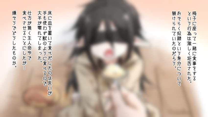 1boy 1girl bangs barefoot black_collar black_hair blindfold blurry brown_robe collar eyebrows_visible_through_hair facing_viewer feeding hair_between_eyes highres holding holding_spoon hood hood_down hooded_robe long_hair neon-tetora on_floor open_mouth original plate pointy_ears pov pov_hands signature slave soles solo_focus spoon translation_request very_long_hair wooden_floor