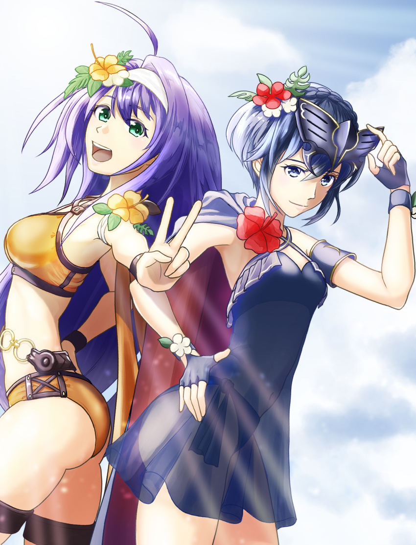 2girls ahoge ass bangs belly_chain bikini blue_bikini blue_dress blue_eyes blue_gloves blue_hair breasts closed_mouth clouds cowboy_shot day dress dutch_angle eyebrows_visible_through_hair fingerless_gloves fire_emblem fire_emblem:_path_of_radiance fire_emblem_awakening floating_hair flower gloves green_eyes hair_between_eyes hair_flower hair_intakes hair_ornament hand_on_hip headband hibiscus highres jewelry long_hair lucina lucina_(fire_emblem) medium_breasts mia_(fire_emblem) multiple_girls orange_bikini outdoors red_flower see-through shiny shiny_hair short_dress short_hair sleeveless sleeveless_dress smile standing sukkirito_(rangusan) swimsuit thigh_strap v very_long_hair white_flower white_headband yellow_flower