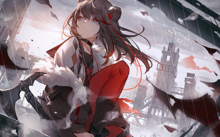 1girl animal_ears arknights axe bangs bear_ears black_choker black_hair black_jacket blue_eyes character_name choker commentary_request dated emurina eyebrows_visible_through_hair fur-trimmed_jacket fur_trim highres jacket knee_up long_hair long_sleeves looking_to_the_side off_shoulder pantyhose red_legwear redhead solo weapon zima_(arknights)