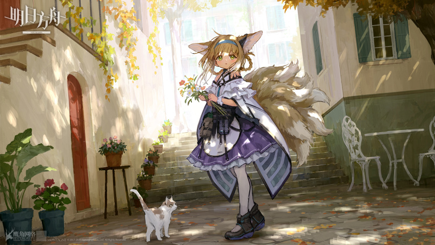 1girl :o animal animal_ears arknights bare_shoulders black_footwear blonde_hair blush boots bouquet braid cat chair commentary_request copyright_name day door flower flower_pot fox_ears fox_girl fox_tail frilled_skirt frills full_body green_eyes hair_rings hairband highres holding holding_bouquet kyuubi looking_at_viewer multiple_tails outdoors pantyhose parted_lips plant potted_plant purple_skirt red_flower shirt sho_(sho_lwlw) skirt solo stairs standing stone_stairs suzuran_(arknights) table tail tree twin_braids white_flower white_legwear white_shirt wrist_cuffs yellow_flower