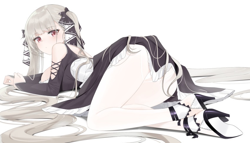 1girl ass azur_lane bare_shoulders black_dress breasts dress earrings formidable_(azur_lane) frilled_dress frills grey_hair high_heels highres jewelry large_breasts long_hair looking_at_viewer lying pantyhose quiet red_eyes solo two-tone_ribbon very_long_hair white_background white_legwear