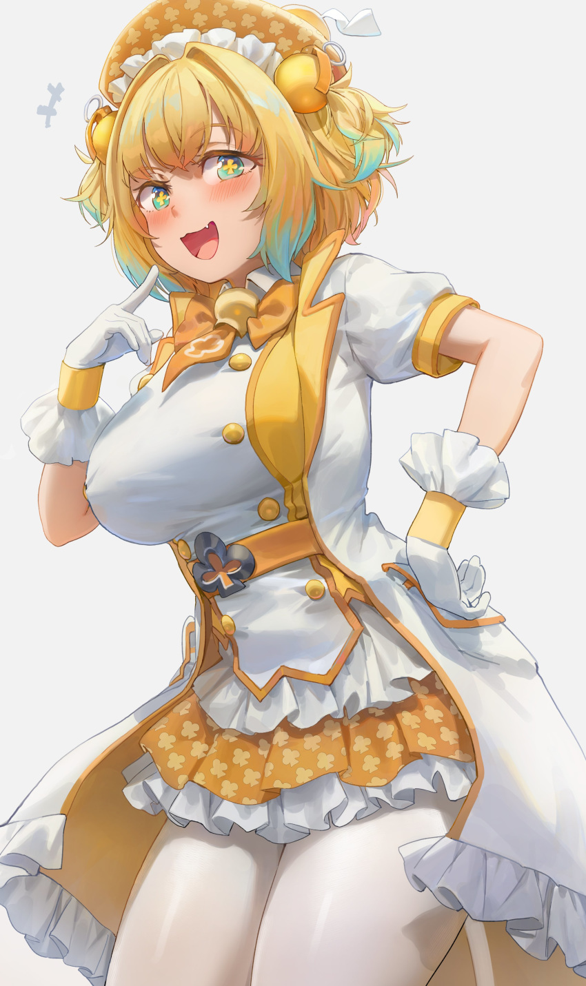 +_+ 1girl absurdres bangs belt blonde_hair blue_eyes blue_hair blush bombergirl breasts buttons fang gloves grenade_hair_ornament highres large_breasts looking_at_viewer multicolored_hair open_mouth pine_(bombergirl) short_hair simple_background smile thighs twintails two-tone_hair white_legwear yellow_neckwear yellow_pupils yohan1754