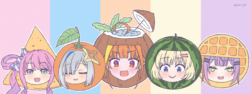 5girls :d ahoge amane_kanata bangs blonde_hair blue_eyes blunt_bangs blush candy_hair_ornament closed_eyes coconut eyebrows_visible_through_hair fangs food food_themed_hair_ornament fruit gradient_hair green_eyes hair_ornament hair_over_one_eye hair_rings hairclip halo heterochromia highres himemori_luna hololive kiryuu_coco kukie-nyan leaf long_hair looking_at_viewer mandarin_orange multicolored_hair multiple_girls nachos open_mouth pink_hair purple_hair short_hair smile streaked_hair tokoyami_towa tsunomaki_watame twitter_username violet_eyes virtual_youtuber waffle watermelon