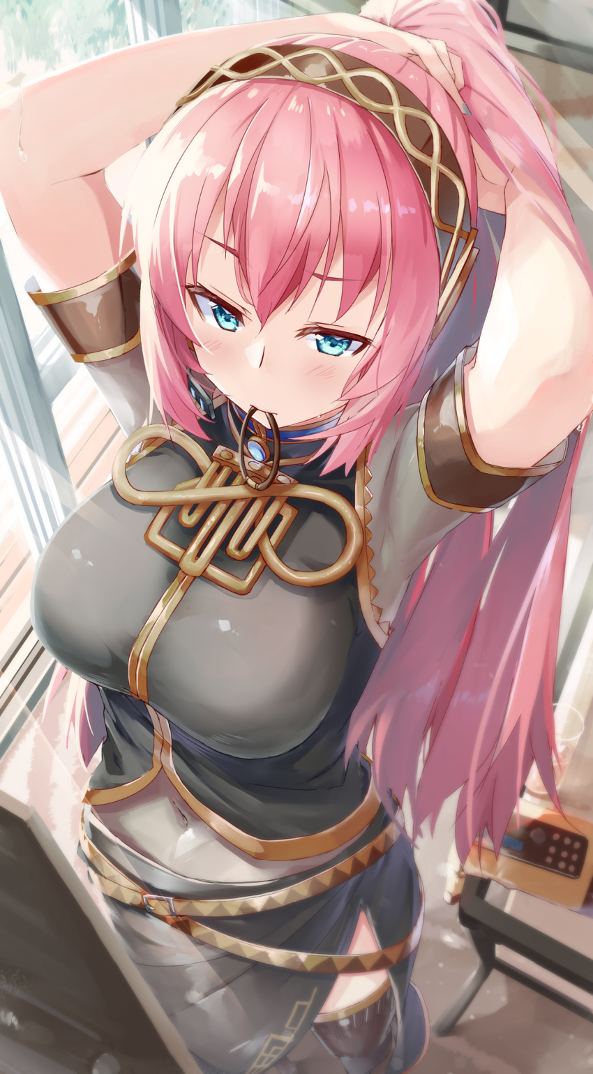 1girl aqua_eyes arms_up bangs black_legwear blue_eyes blush breasts daidou_(demitasse) dress eyebrows_visible_through_hair hair_tie hair_tie_in_mouth headphones headset highres large_breasts long_hair long_skirt megurine_luka mouth_hold pink_hair ponytail side_slit skirt solo thigh-highs tying_hair very_long_hair vocaloid