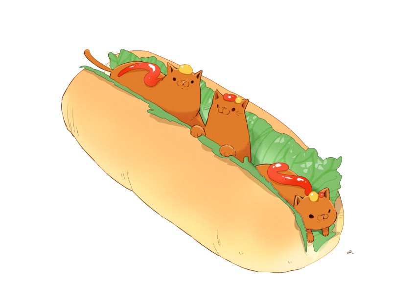 artist_name bread cat chai commentary_request food highres hot_dog ketchup lettuce mustard no_humans original simple_background sitting_on_food white_background