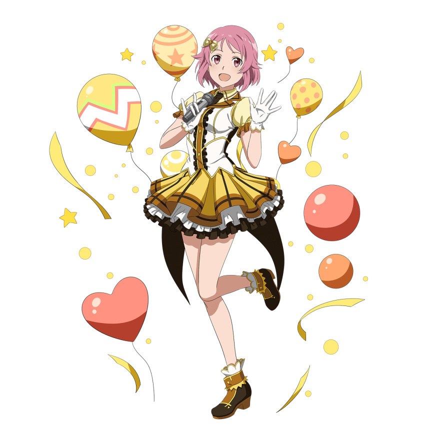 1girl :d bow breasts brown_footwear dress_shirt full_body gloves hair_bow heart_balloon highres holding holding_microphone idol layered_skirt lisbeth looking_at_viewer medium_breasts microphone miniskirt open_mouth pink_eyes pink_hair shiny shiny_hair shirt short_hair short_sleeves skirt smile solo standing standing_on_one_leg sword_art_online transparent_background white_gloves white_shirt yellow_bow yellow_skirt yellow_sleeves