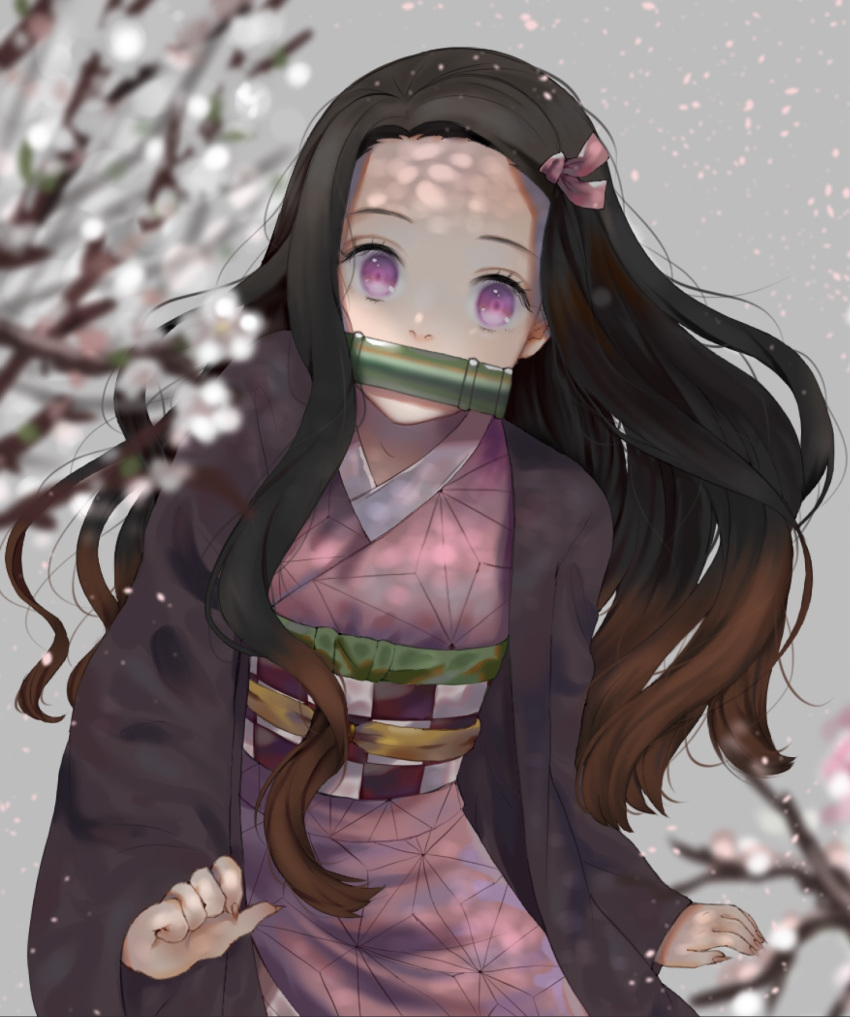 1girl black_hair blurry_foreground brown_hair fingernails flower gradient_hair hair_ribbon haori highres japanese_clothes kamado_nezuko kimetsu_no_yaiba kimono long_hair long_sleeves looking_at_viewer multicolored_hair pink_eyes pink_kimono pink_ribbon print_kimono ribbon sharp_fingernails solo touhou3939 very_long_hair white_flower