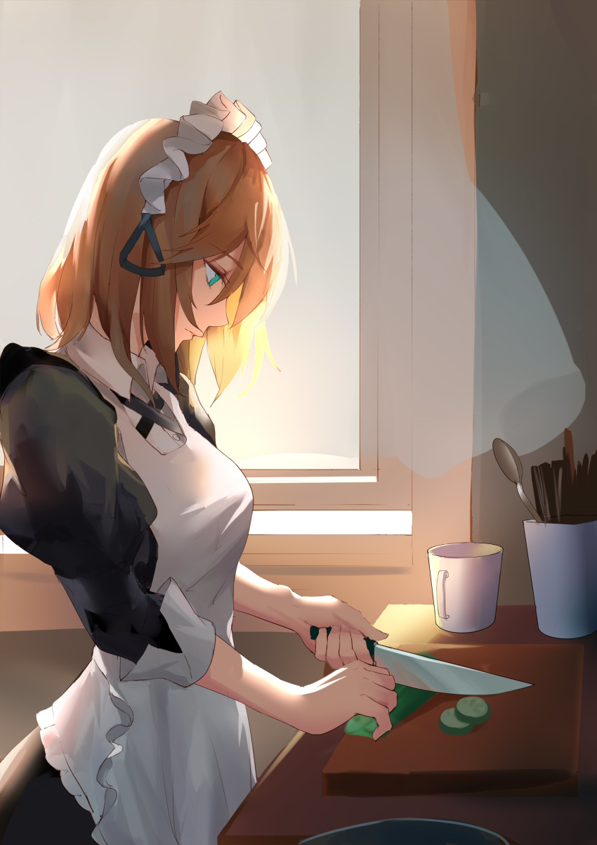 1girl absurdres apron blonde_hair breasts eyebrows_visible_through_hair g36_(girls_frontline) girls_frontline green_eyes highres kitchen kitchen_knife long_hair looking_down madao maid maid_apron maid_dress maid_headdress profile shirt solo sunlight white_apron white_shirt window