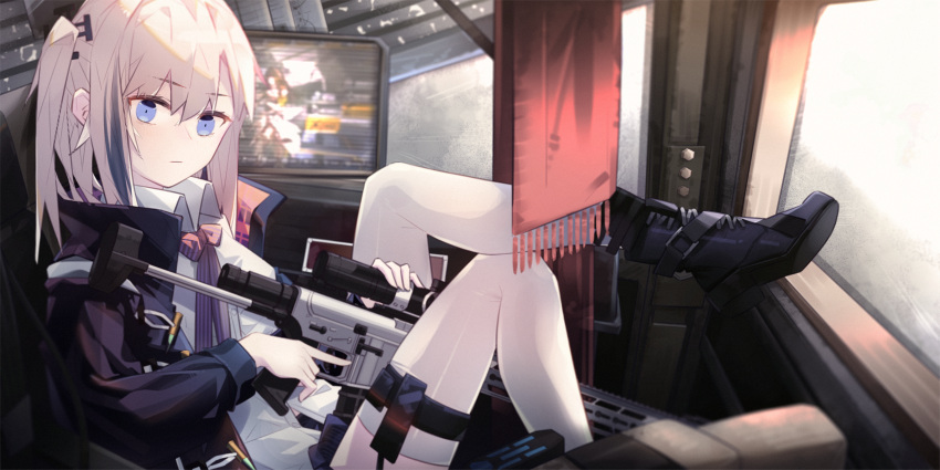 1girl ar-15 black_footwear black_jacket blue_eyes blue_hair boots closed_mouth collared_shirt commentary cuicuijiao expressionless eyebrows_visible_through_hair full_body girls_frontline gun highres holding holding_gun holding_weapon jacket leg_up long_hair long_sleeves looking_at_viewer monitor multicolored_hair one_side_up pink_hair purple_neckwear rifle shirt sitting st_ar-15_(girls'_frontline) streaked_hair thigh-highs thigh_strap weapon white_legwear white_shirt