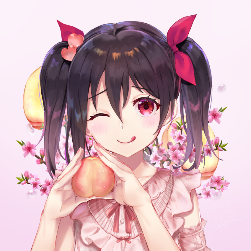 1girl :q black_hair bow cherry_blossoms collarbone detached_sleeves eyebrows_visible_through_hair flower food fruit gakuon_(gakuto) hair_between_eyes hair_bow hair_ornament heart highres holding holding_food looking_at_viewer love_live! love_live!_school_idol_project medium_hair nail_polish one_eye_closed peach pink_nails pink_ribbon pink_shirt red_eyes ribbon shirt signature smile solo tied_hair tongue tongue_out twintails water_drop yazawa_nico