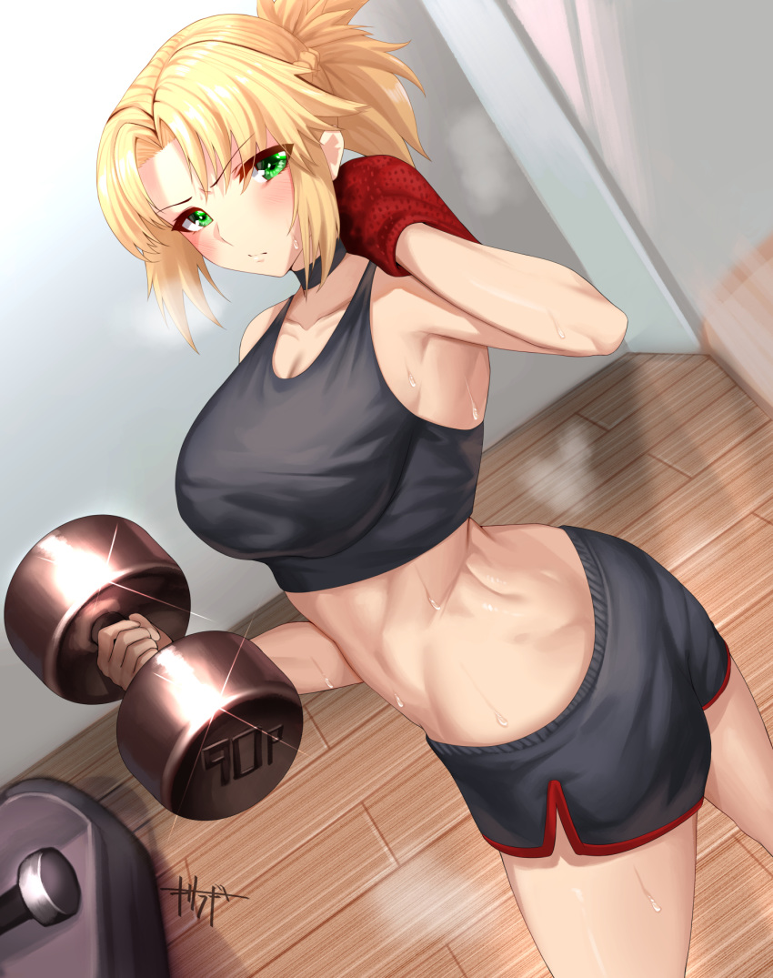 1girl blonde_hair blush choker crop_top dolphin_shorts dumbbell fate/grand_order fate_(series) floor green_eyes highres kisaragi_tsurugi mordred_(fate)_(all) muscle shorts sweat towel wall