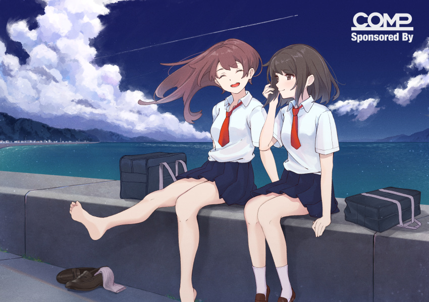 2girls :d absurdres aircraft airplane brown_eyes brown_hair closed_eyes cumulonimbus_cloud feet graffy_boring highres huge_filesize jet loafers long_hair multiple_girls open_mouth original outdoors school_uniform shoes shoes_removed short_hair smile socks socks_removed soles summer trail uniform white_legwear