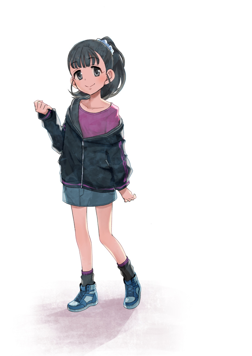 1girl black_hair blush collarbone commentary_request eyebrows_visible_through_hair fukuyama_mai full_body hair_ornament hair_scrunchie highres idolmaster idolmaster_cinderella_girls jacket kyouno long_hair looking_at_viewer loose_socks off_shoulder scrunchie shirt shoes simple_background skirt smile sneakers socks solo t-shirt white_background