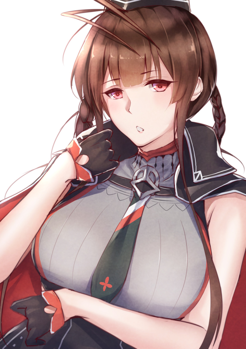 1girl black_gloves braid braided_bangs breasts brown_hair crossed_arms dsr-50_(girls_frontline) eyebrows_visible_through_hair flugel_(kaleido_scope-710) girls_frontline gloves highres large_breasts long_hair looking_at_viewer necktie open_mouth red_eyes solo white_background