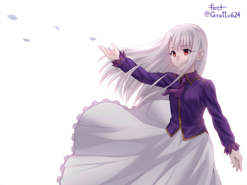 1girl ascot bangs closed_mouth collared_shirt dress_shirt eyebrows_visible_through_hair fate/stay_night fate_(series) floating_hair frilled_skirt frills gyatto624 hair_between_eyes illyasviel_von_einzbern long_hair long_skirt outstretched_arm petals pleated_skirt purple_neckwear purple_shirt red_eyes shirt silver_hair simple_background skirt skirt_lift solo standing twitter_username very_long_hair white_background white_skirt wind wind_lift wing_collar