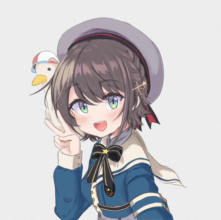 1girl beret blush brown_hair eyebrows_visible_through_hair grey_background hair_ornament hat highres hololive long_sleeves looking_at_viewer naturegreen_tea oozora_subaru open_mouth self_shot star_(symbol) subaru_duck tongue upper_teeth v virtual_youtuber