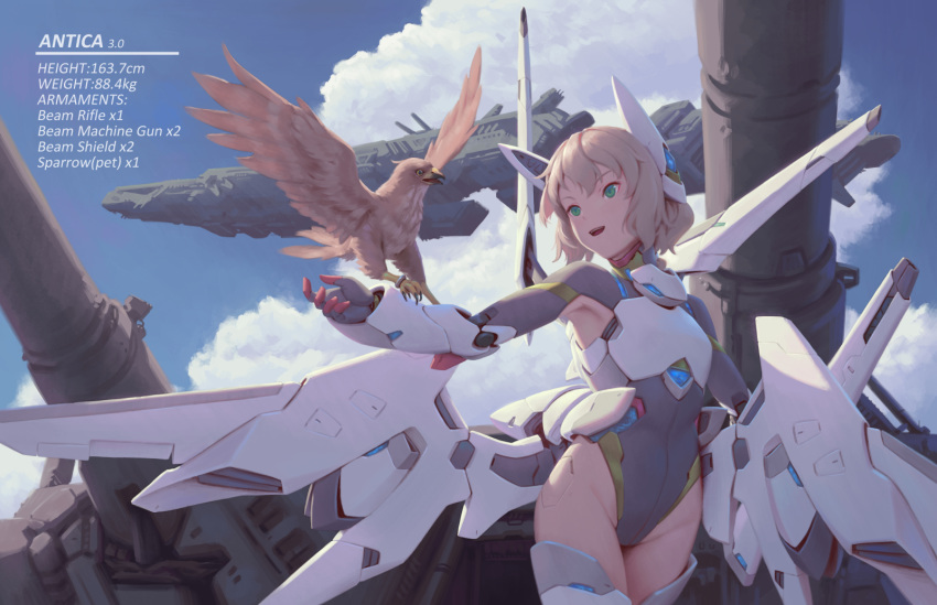 1girl animal_on_arm antica_(bigrbear) bigrbear bird bird_on_arm bird_request breastplate cannon character_name character_profile clouds cowboy_shot day green_eyes headgear highres leotard looking_at_animal mecha_musume mechanical_arms mechanical_wings medium_hair open_mouth original outdoors shoulder_cannon smile solo standing teeth thrusters wavy_hair wings