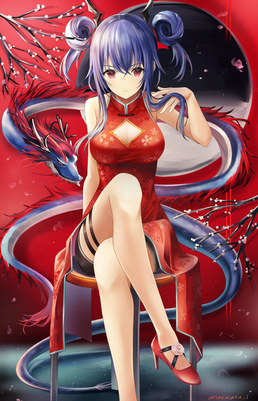 1girl absurdres arknights bare_legs branch breasts ch'en_(arknights) china_dress chinese_clothes cleavage_cutout closed_mouth commentary crossed_legs double_bun dragon dragon_horns dragon_tail dress eastern_dragon expressionless eyebrows_visible_through_hair full_body hair_between_eyes hair_bun hand_in_hair high_heels highres horns huge_filesize looking_at_viewer medium_breasts medium_hair petals red_dress red_footwear side_bun sidelocks sitting sketch sleeveless sleeveless_dress solo stool sukuemon tail thighs violet_eyes