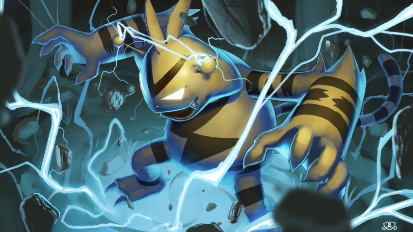 commentary_request electabuzz electricity fang gen_1_pokemon glowing glowing_eyes hands_up highres no_humans open_mouth pokemon pokemon_(creature) rock solo standing supearibu watermark