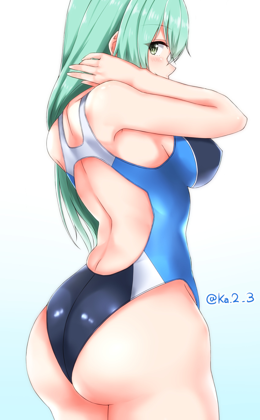 1girl aqua_hair ass black_swimsuit commentary_request competition_swimsuit cowboy_shot from_behind gradient gradient_background green_background green_eyes highres ka_tsumi kantai_collection long_hair looking_at_viewer one-piece_swimsuit solo standing suzuya_(kantai_collection) swimsuit twitter_username white_background