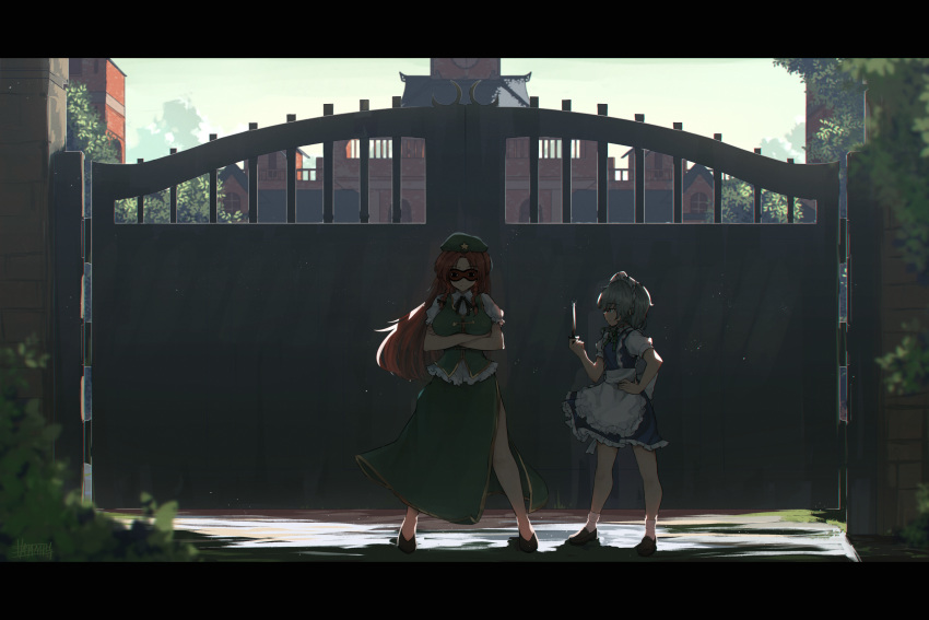 2girls absurdres apron beret black_footwear blue_dress braid breasts building clock clock_tower commentary_request crossed_arms day dress full_body gate glint green_headwear green_skirt green_vest hand_on_hip hat highres holding holding_knife hong_meiling izayoi_sakuya knife large_breasts letterboxed loafers long_hair looking_at_another maid_headdress multiple_girls orange_hair outdoors scarlet_devil_mansion senzaicha_kasukadoki shirt shoes short_sleeves signature silver_hair skirt sleep_mask sleeping sleeping_upright socks star_(symbol) touhou tower twin_braids vest white_legwear white_shirt