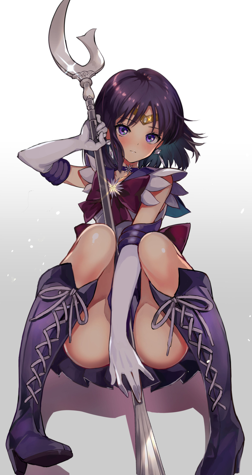 1girl absurdres back_bow bishoujo_senshi_sailor_moon black_hair boots bow choker covering covering_crotch earrings elbow_gloves gloves highres holding holding_weapon jewelry magical_girl puca-rasu purple_sailor_collar purple_skirt sailor_collar sailor_saturn sailor_senshi_uniform short_hair silence_glaive sitting skirt solo star_(symbol) star_choker tiara tomoe_hotaru violet_eyes weapon white_gloves