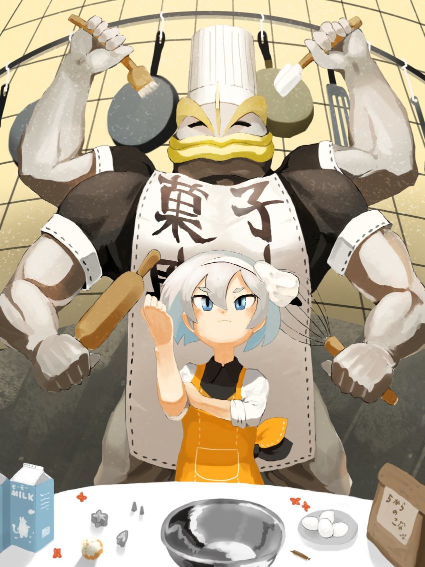 1girl absurdres akumesik alternate_costume apron bangs blue_eyes bowl chef_hat closed_mouth commentary_request egg extra_arms eyebrows_visible_through_hair gen_1_pokemon grey_hair hair_between_eyes hat highres holding machamp milk_carton muscle orange_apron pokemon pokemon_(creature) pokemon_(game) pokemon_swsh rolling_pin saitou_(pokemon) short_hair sleeves_rolled_up tile_wall tiles whisk