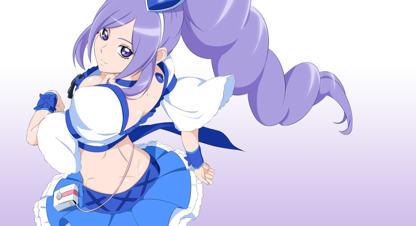 1girl aono_miki bangs blue_choker blue_skirt breasts choker closed_mouth crop_top cure_berry downblouse fresh_precure! fuchi_(nightmare) gradient gradient_background high_ponytail highres large_breasts long_hair looking_at_viewer looking_back looking_up magical_girl miniskirt precure purple_background purple_hair skirt smile solo swept_bangs violet_eyes