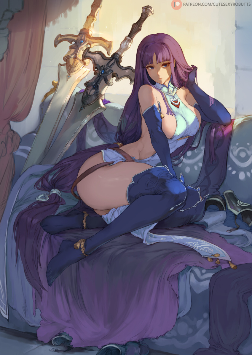 1girl altina bare_shoulders bed blue_eyes blue_gloves blue_legwear breasts commentary cutesexyrobutts elbow_gloves fire_emblem gloves highres long_hair looking_at_viewer nintendo purple_hair sideboob solo sword thick_thighs thigh-highs thighs very_long_hair weapon