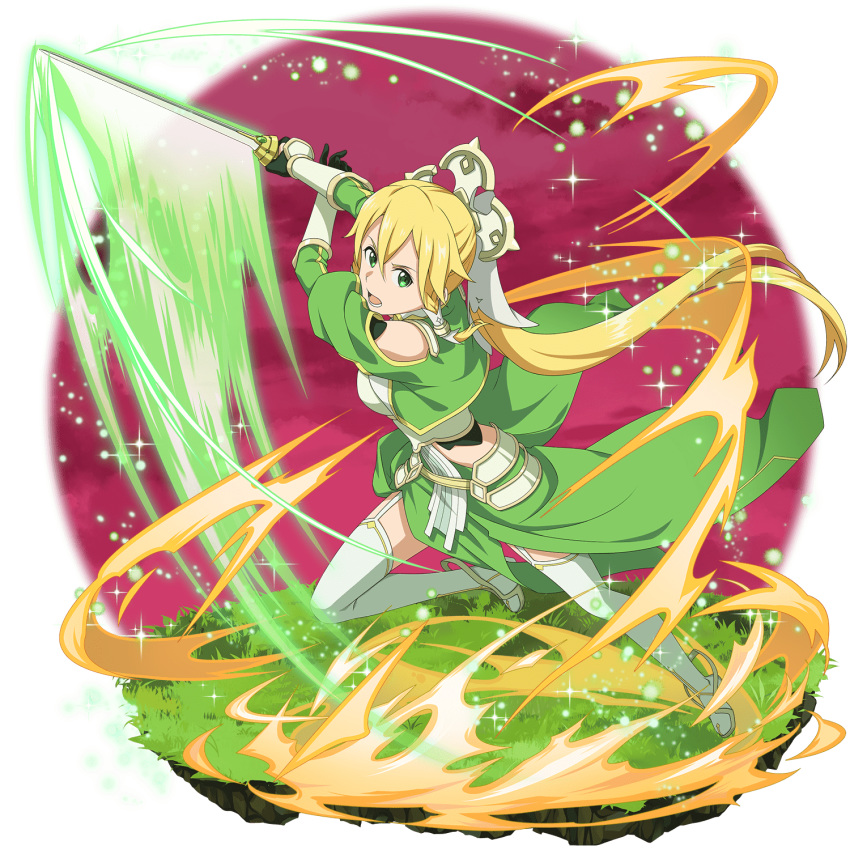 1girl bangs blonde_hair boots faux_figurine floating_hair garter_straps gloves green_eyes green_gloves green_skirt hair_between_eyes highres holding holding_sword holding_weapon leafa leafa_(terraria) long_hair looking_at_viewer official_art open_mouth running shiny shiny_hair skirt solo sword sword_art_online sword_art_online:_memory_defrag thigh-highs thigh_boots transparent_background very_long_hair weapon white_footwear