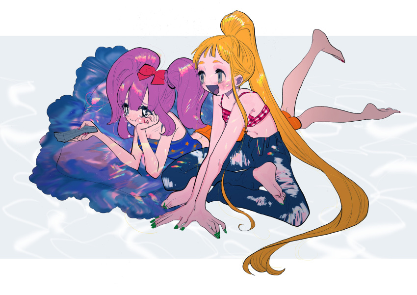 2girls absurdres bangs bare_shoulders barefoot blonde_hair border bow controller foot_up green_nails hair_bow highres inata17ta long_hair midriff multiple_girls navel orange_pants original outside_border pants pillow pink_nails ponytail purple_hair red_bow remote_control strapless tears torn_clothes torn_pants tubetop twintails very_long_hair white_border