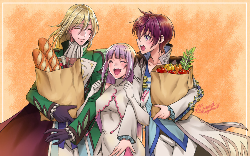 1girl 2boys :d asbel_lhant bag baguette bottle bread closed_eyes coat dress elbow_gloves food gloves green_coat grocery_bag highres holding holding_arm long_hair long_sleeves multiple_boys open_clothes open_coat open_mouth orange_background pants pepper purple_gloves purple_hair red_apple redhead richard_(tales) shopping_bag sideways_mouth smile sophie_(tales) tales_of_(series) tales_of_graces upper_teeth usagi_nagomu violet_eyes white_dress white_pants wine_bottle